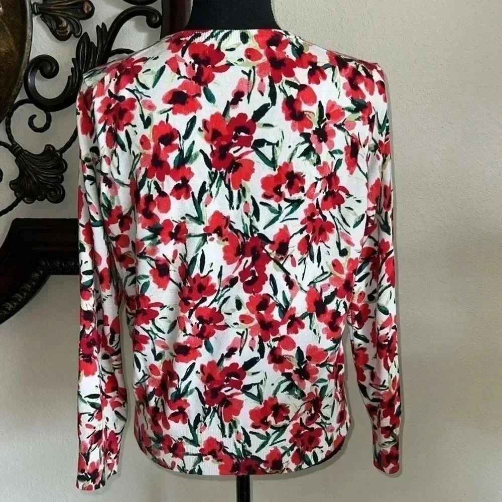 Land’s End Women’s Crewneck Cardigan Red Green Black Pink Floral Size M/P 10-12 - Picture 11 of 13